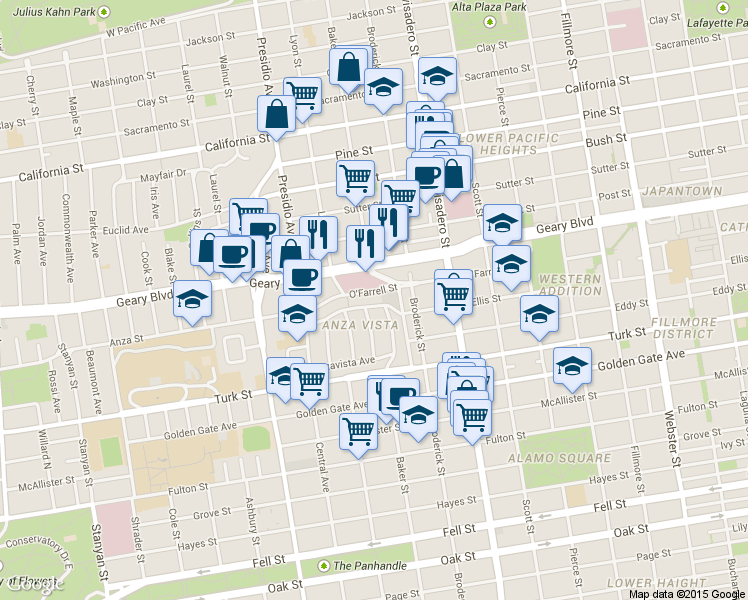 map of restaurants, bars, coffee shops, grocery stores, and more near 35 O'Farrell Street in San Francisco