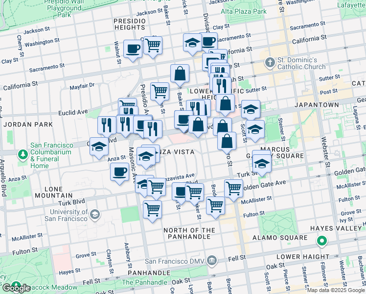 map of restaurants, bars, coffee shops, grocery stores, and more near 2375 O'Farrell Street in San Francisco