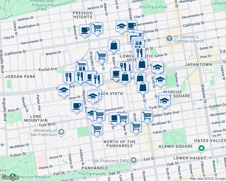 map of restaurants, bars, coffee shops, grocery stores, and more near 2375 O'Farrell Street in San Francisco