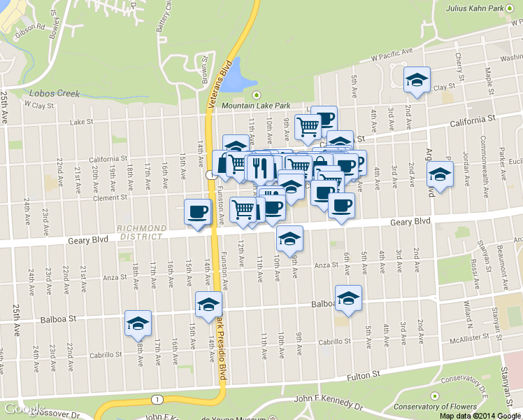 map of restaurants, bars, coffee shops, grocery stores, and more near 337 10th Avenue in San Francisco