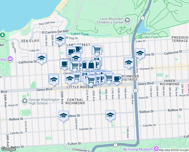 map of restaurants, bars, coffee shops, grocery stores, and more near 314 20th Avenue in San Francisco