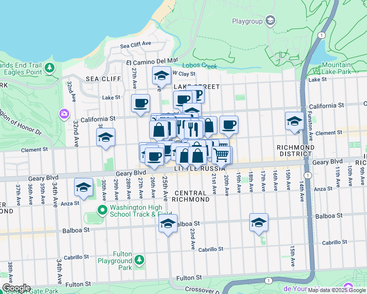 map of restaurants, bars, coffee shops, grocery stores, and more near 2147 Clement Street in San Francisco