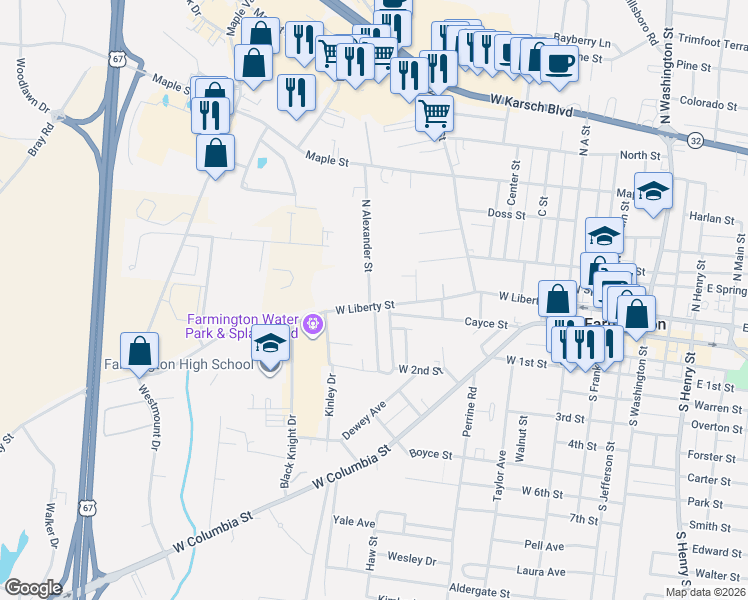 map of restaurants, bars, coffee shops, grocery stores, and more near 715 West Liberty Street in Farmington