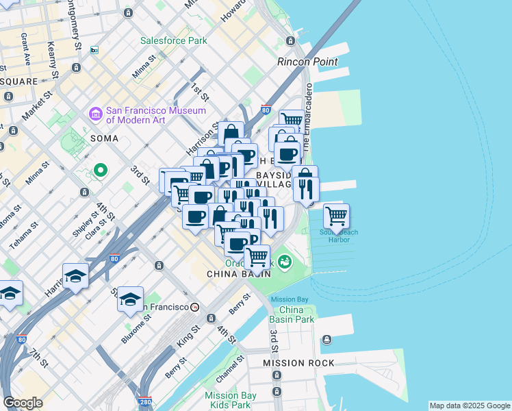map of restaurants, bars, coffee shops, grocery stores, and more near 275 Brannan Street in San Francisco