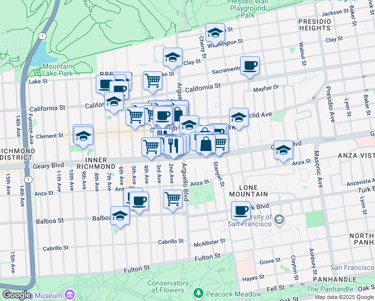 map of restaurants, bars, coffee shops, grocery stores, and more near 3650 Geary Boulevard in San Francisco