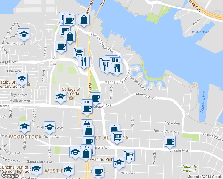 map of restaurants, bars, coffee shops, grocery stores, and more near Bartlett Drive & Decelle Court in Alameda
