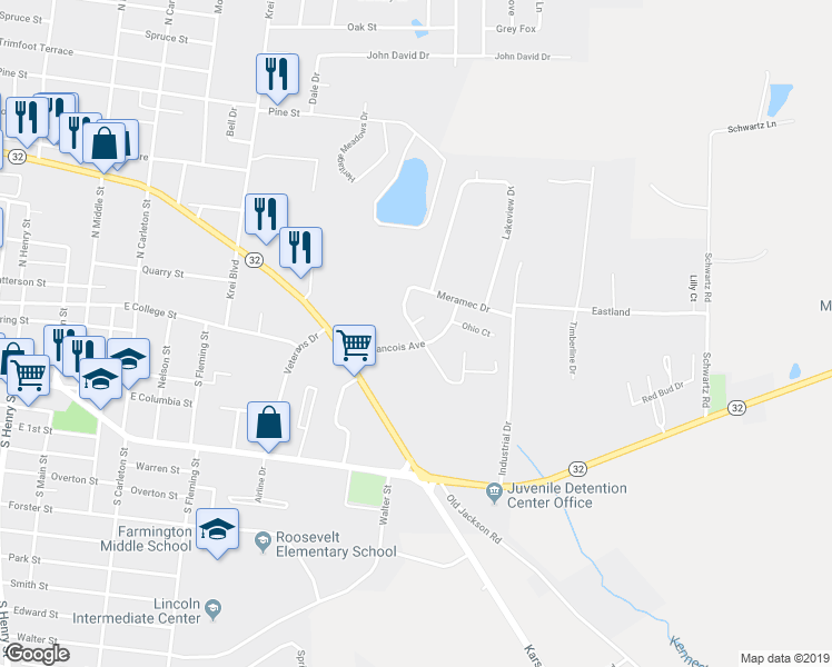 map of restaurants, bars, coffee shops, grocery stores, and more near 1109 Wabash Avenue in Farmington