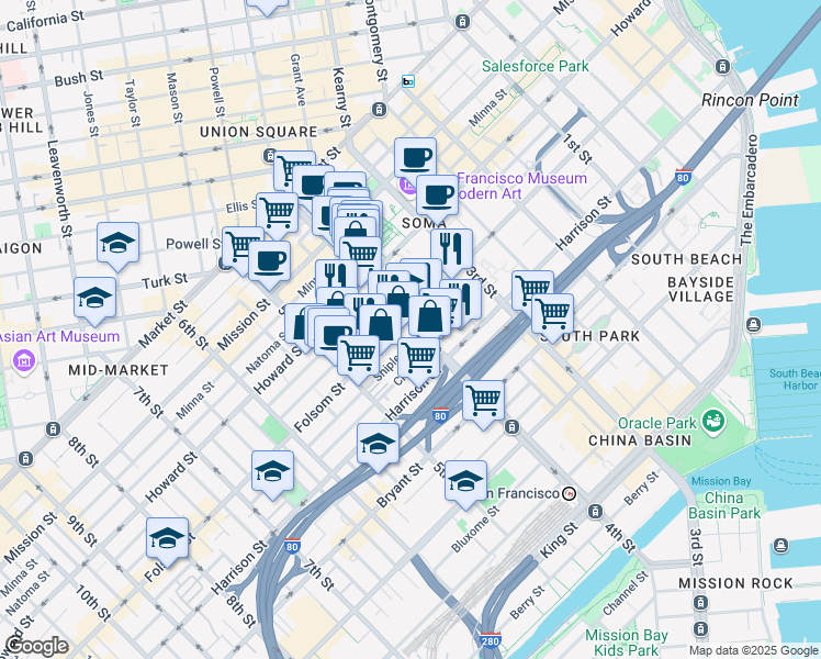 map of restaurants, bars, coffee shops, grocery stores, and more near 310 4th Street in San Francisco