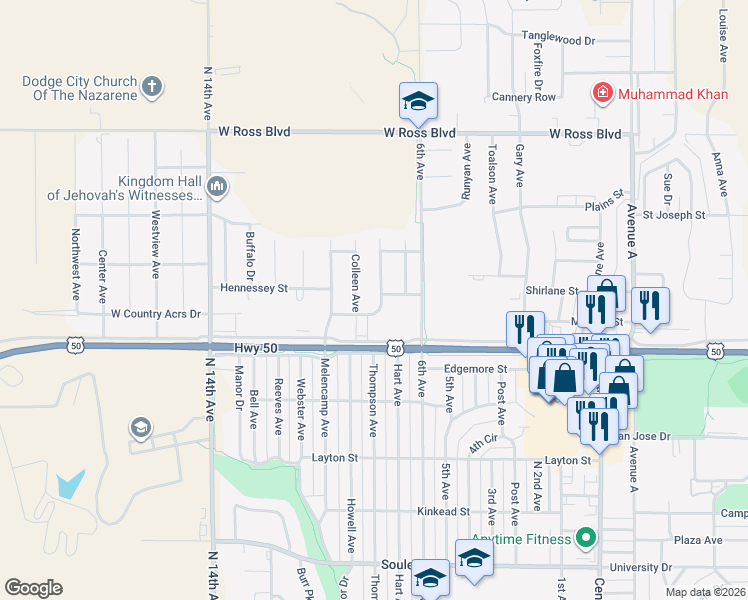 map of restaurants, bars, coffee shops, grocery stores, and more near 2721-2899 Country Acres Drive in Dodge City