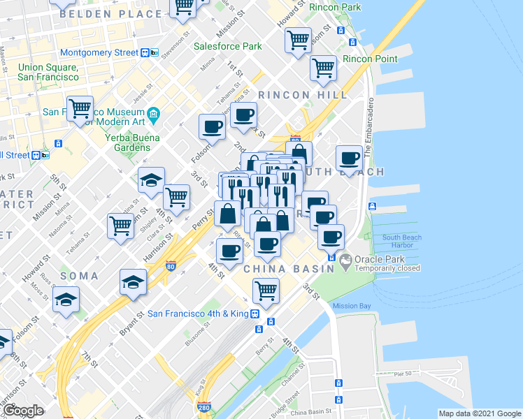 map of restaurants, bars, coffee shops, grocery stores, and more near 106 South Park Street in San Francisco