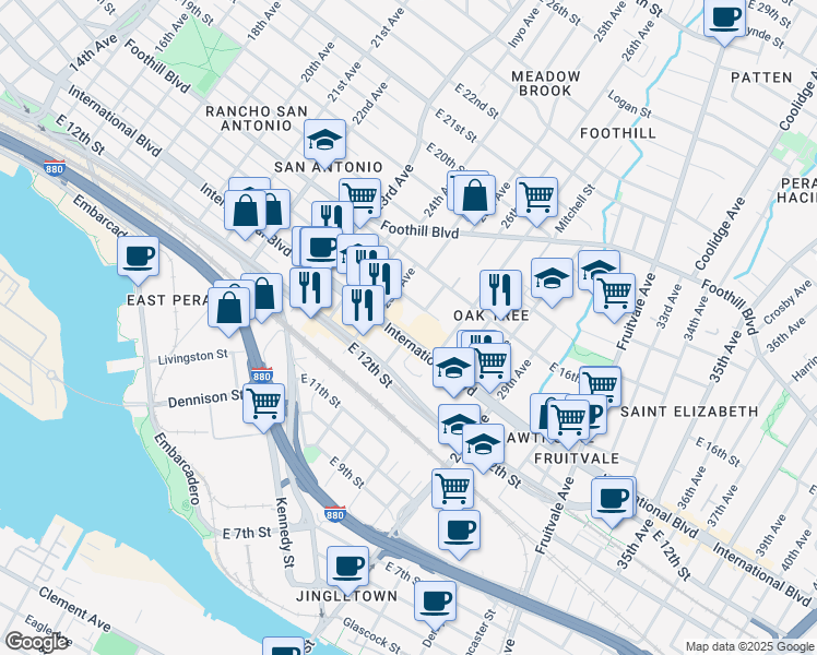 map of restaurants, bars, coffee shops, grocery stores, and more near 2560 International Boulevard in Oakland