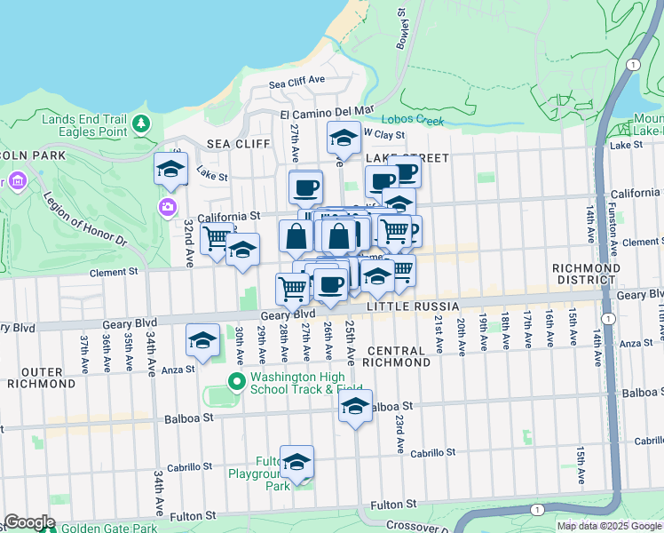 map of restaurants, bars, coffee shops, grocery stores, and more near 2443 Clement Street in San Francisco