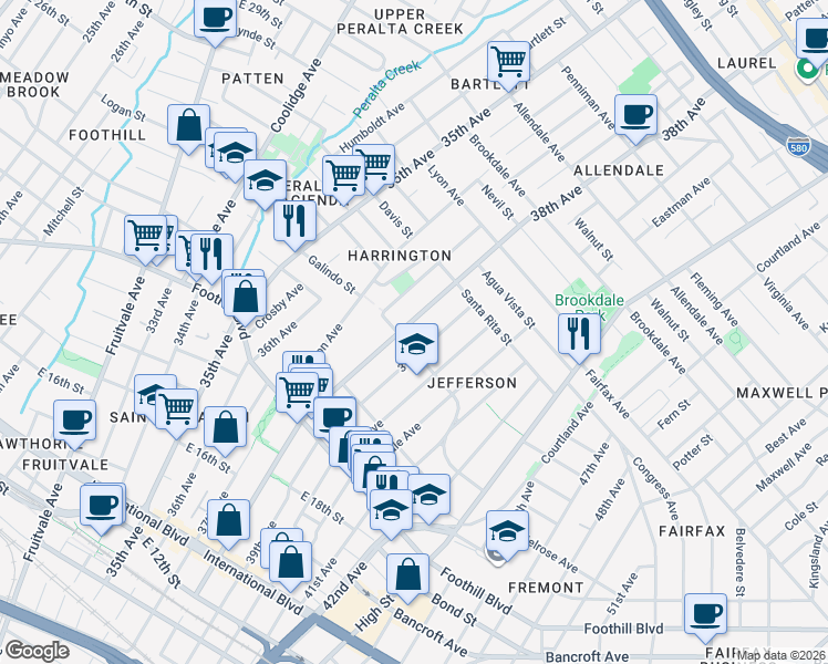 map of restaurants, bars, coffee shops, grocery stores, and more near 2162 38th Avenue in Oakland