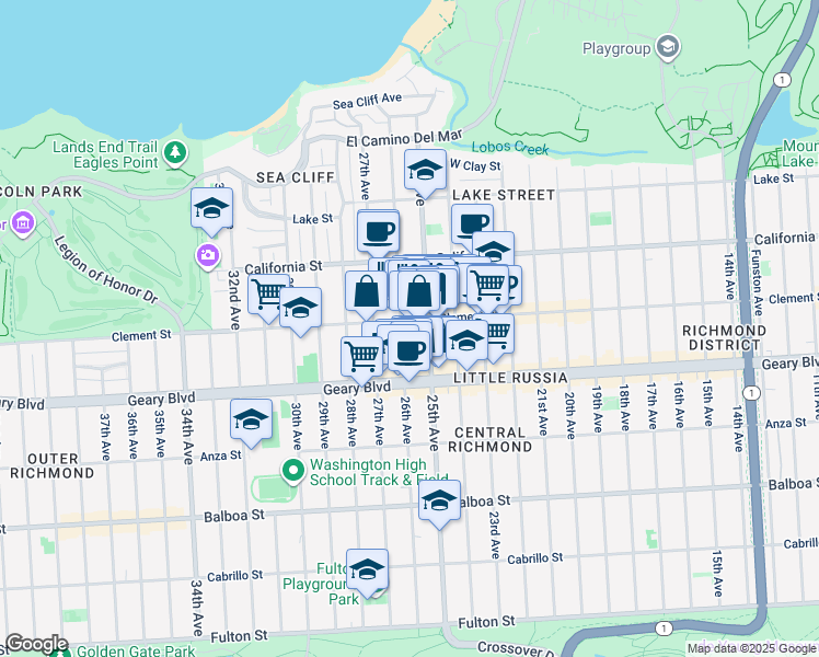 map of restaurants, bars, coffee shops, grocery stores, and more near 2443 Clement Street in San Francisco