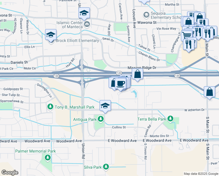 map of restaurants, bars, coffee shops, grocery stores, and more near 1060 Perimeter Drive in Manteca