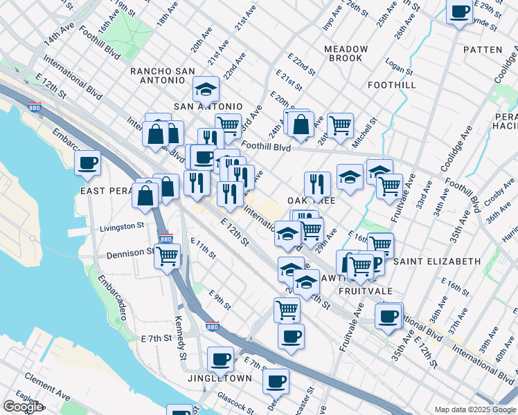 map of restaurants, bars, coffee shops, grocery stores, and more near 2560 International Boulevard in Oakland