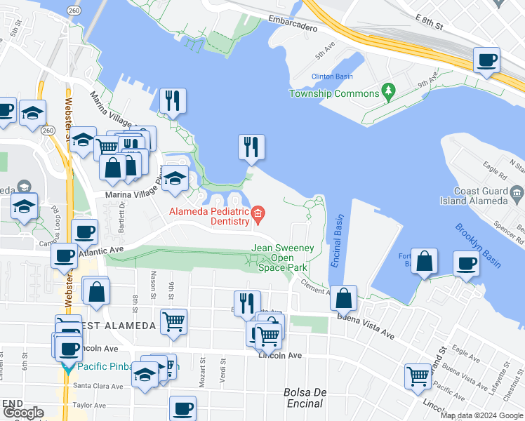 map of restaurants, bars, coffee shops, grocery stores, and more near 1115 Atlantic Avenue in Alameda