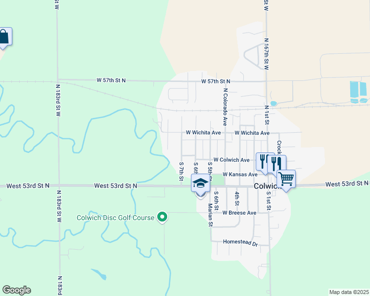 map of restaurants, bars, coffee shops, grocery stores, and more near 130 South 7th Street in Colwich