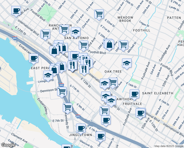 map of restaurants, bars, coffee shops, grocery stores, and more near 2506 International Boulevard in Oakland