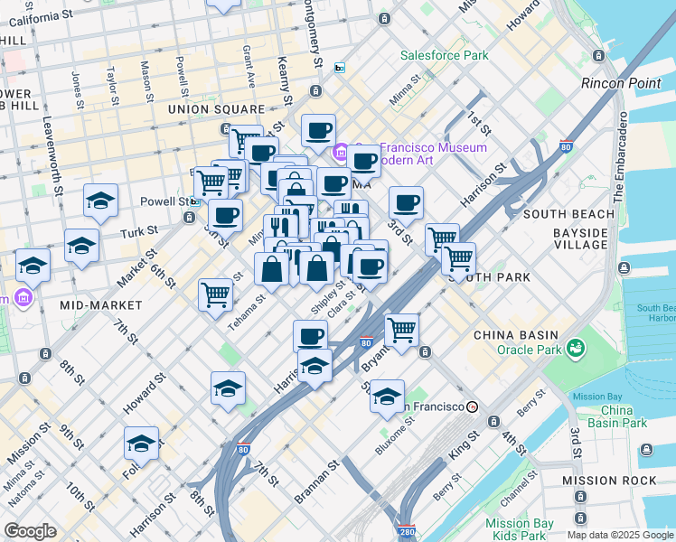 map of restaurants, bars, coffee shops, grocery stores, and more near 310 4th Street in San Francisco