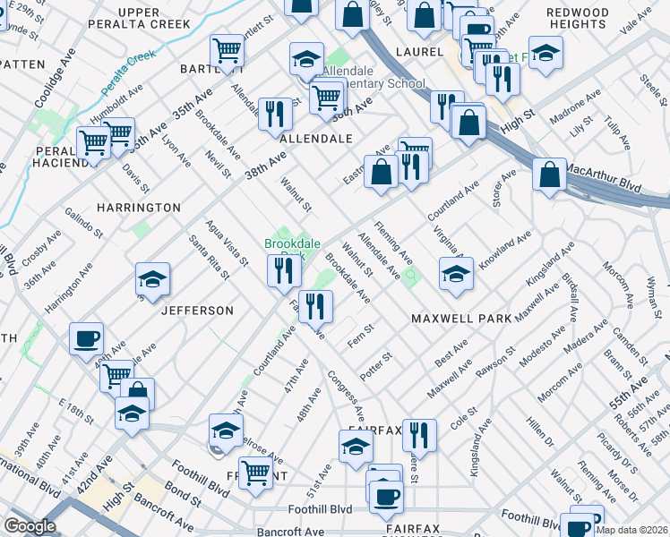 map of restaurants, bars, coffee shops, grocery stores, and more near 4343 Brookdale Avenue in Oakland