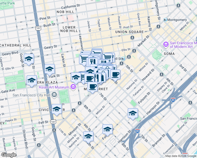 map of restaurants, bars, coffee shops, grocery stores, and more near 99 Golden Gate Avenue in San Francisco