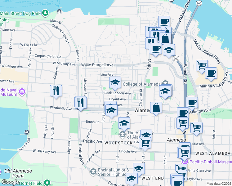 map of restaurants, bars, coffee shops, grocery stores, and more near 350 Jack London Avenue in Alameda
