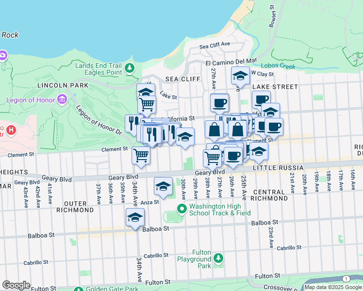 map of restaurants, bars, coffee shops, grocery stores, and more near 30th Ave & Clement St in San Francisco