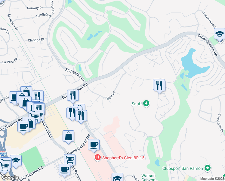 map of restaurants, bars, coffee shops, grocery stores, and more near 3425 Lanai Drive in San Ramon