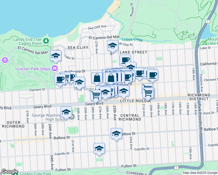 map of restaurants, bars, coffee shops, grocery stores, and more near 2435 Clement Street in San Francisco