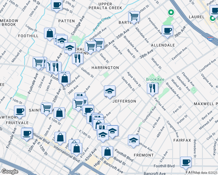 map of restaurants, bars, coffee shops, grocery stores, and more near 2162 38th Avenue in Oakland