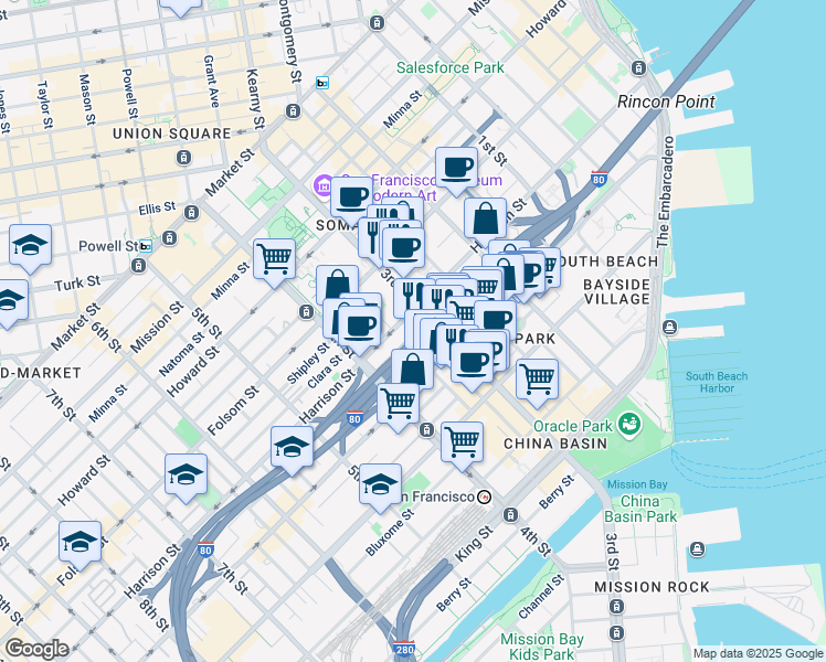 map of restaurants, bars, coffee shops, grocery stores, and more near 126 Perry Street in San Francisco