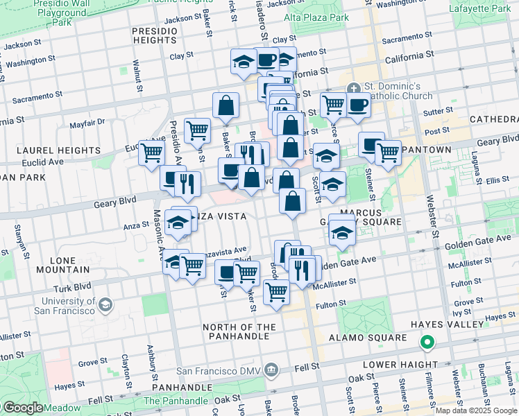 map of restaurants, bars, coffee shops, grocery stores, and more near 240 Saint Joseph's Avenue in San Francisco