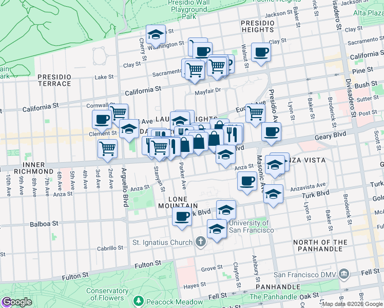 map of restaurants, bars, coffee shops, grocery stores, and more near Geary Blvd & Spruce St in San Francisco