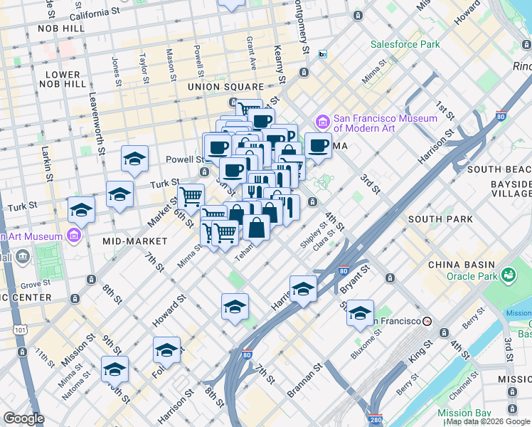 map of restaurants, bars, coffee shops, grocery stores, and more near 888 Howard Street in San Francisco