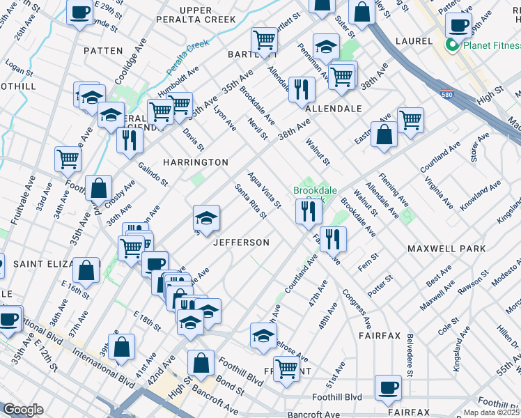 map of restaurants, bars, coffee shops, grocery stores, and more near 3935 Santa Rita Street in Oakland