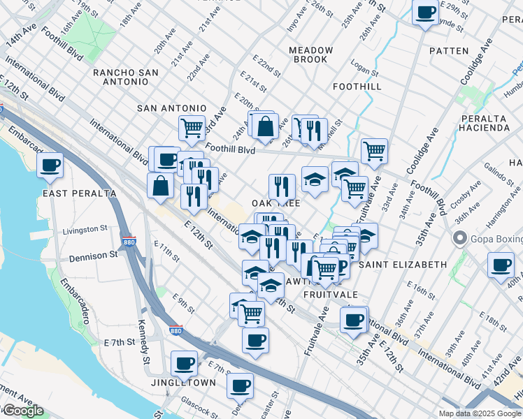 map of restaurants, bars, coffee shops, grocery stores, and more near 1523 27th Avenue in Oakland
