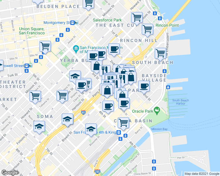 map of restaurants, bars, coffee shops, grocery stores, and more near 470 Bryant Street in San Francisco