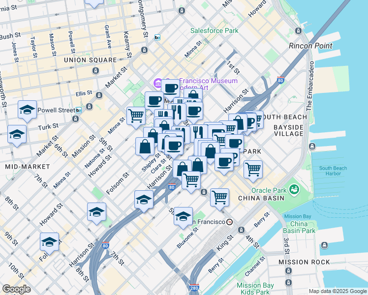 map of restaurants, bars, coffee shops, grocery stores, and more near 730 Harrison Street in San Francisco