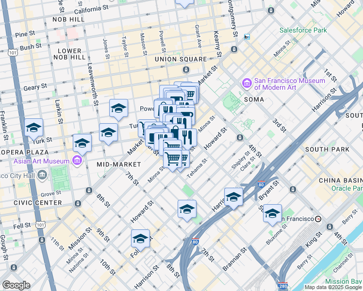 map of restaurants, bars, coffee shops, grocery stores, and more near 981 Mission Street in San Francisco