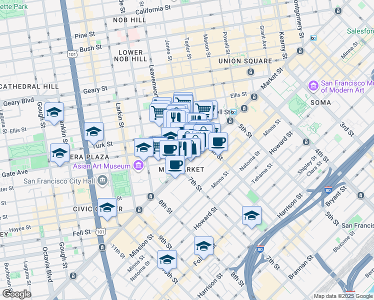 map of restaurants, bars, coffee shops, grocery stores, and more near 1056 Market Street in San Francisco