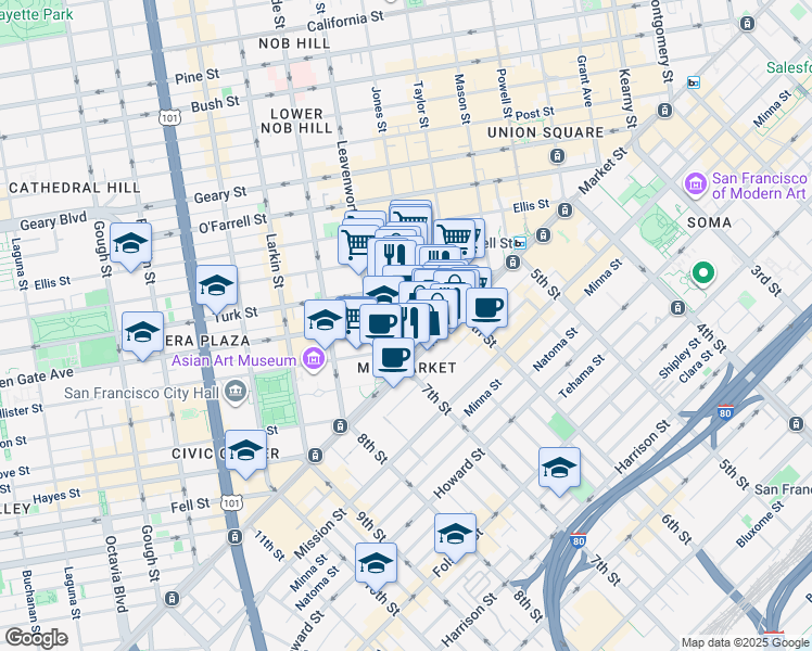 map of restaurants, bars, coffee shops, grocery stores, and more near 1056 Market Street in San Francisco