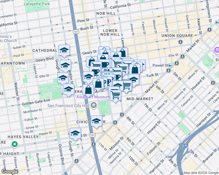 map of restaurants, bars, coffee shops, grocery stores, and more near 510 Larkin Street in San Francisco