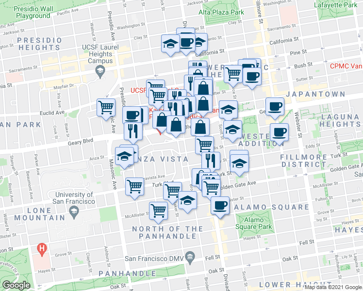 map of restaurants, bars, coffee shops, grocery stores, and more near in San Francisco