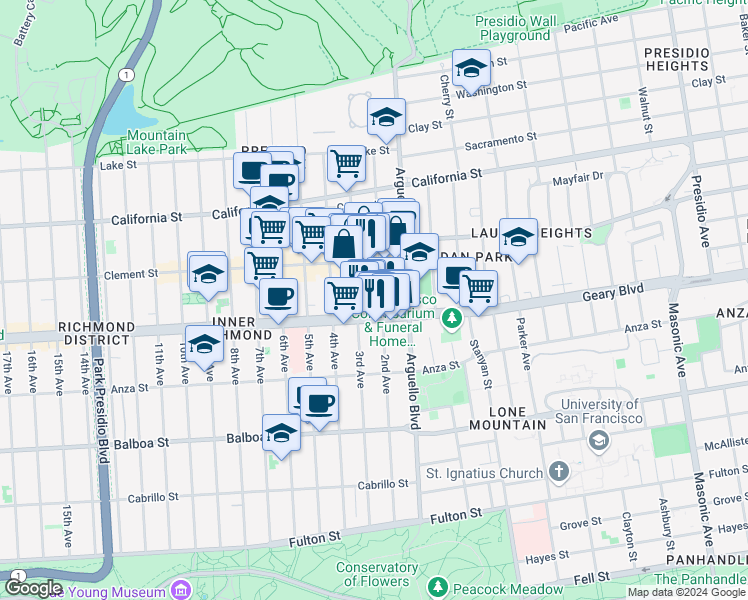 map of restaurants, bars, coffee shops, grocery stores, and more near 3732 Geary Boulevard in San Francisco