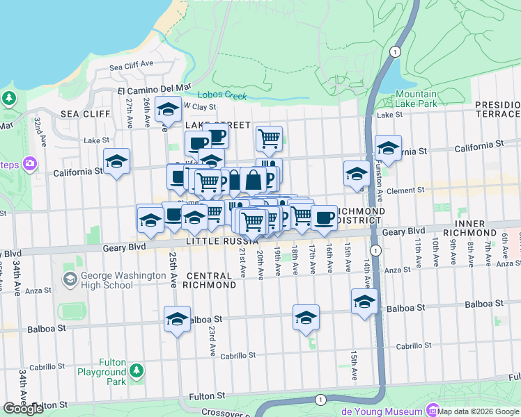 map of restaurants, bars, coffee shops, grocery stores, and more near 314 20th Avenue in San Francisco