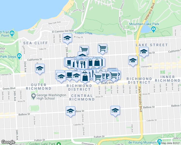 map of restaurants, bars, coffee shops, grocery stores, and more near 2021 Clement Street in San Francisco