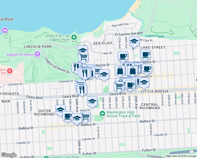 map of restaurants, bars, coffee shops, grocery stores, and more near 395 31st Avenue in San Francisco