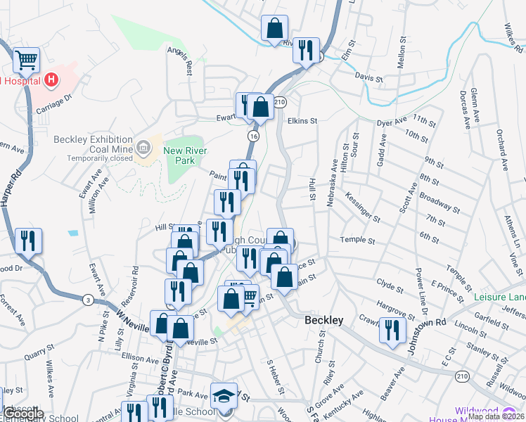 map of restaurants, bars, coffee shops, grocery stores, and more near 213 Wickham Ave in Beckley