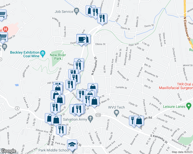 map of restaurants, bars, coffee shops, grocery stores, and more near 106 Mason Street in Beckley